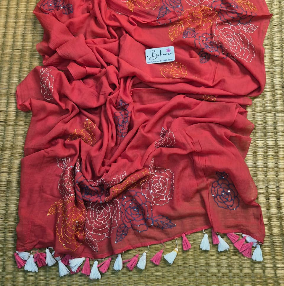 Mohini | Coral Pink Mul Mul Cotton Saree with Kantha Hand Embroidery