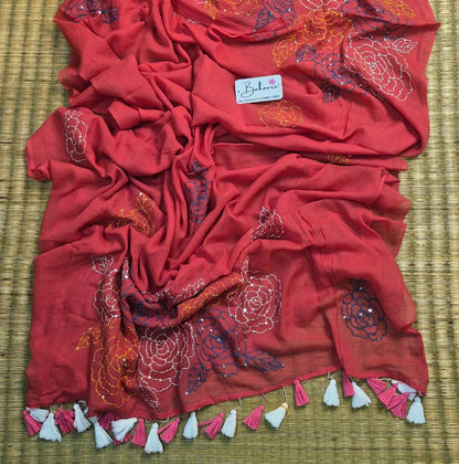 Mohini | Coral Pink Mul Mul Cotton Saree with Kantha Hand Embroidery