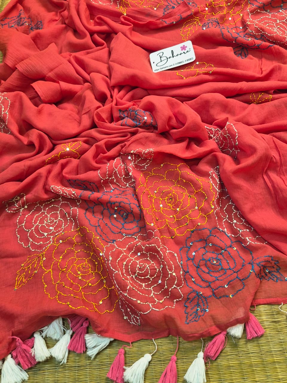 Mohini | Coral Pink Mul Mul Cotton Saree with Kantha Hand Embroidery