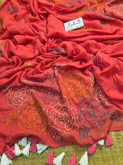 Mohini | Coral Pink Mul Mul Cotton Saree with Kantha Hand Embroidery
