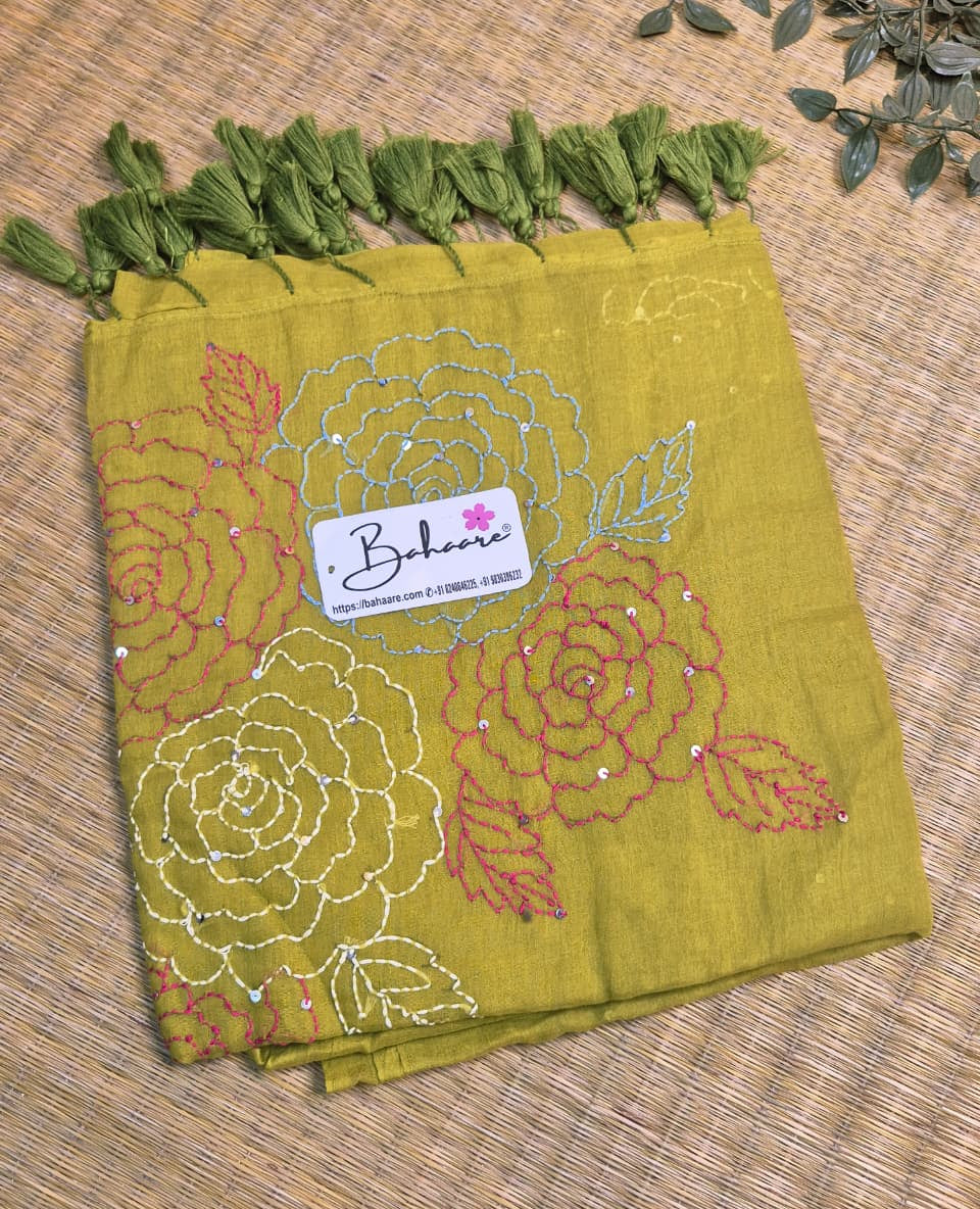 Mohini | Moss Green Mul Mul Cotton Saree with Kantha Hand Embroidery