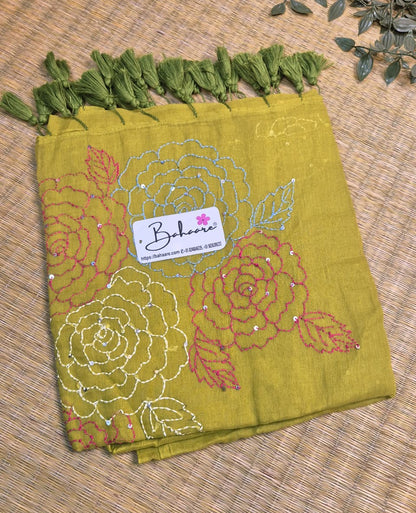 Mohini | Moss Green Mul Mul Cotton Saree with Kantha Hand Embroidery