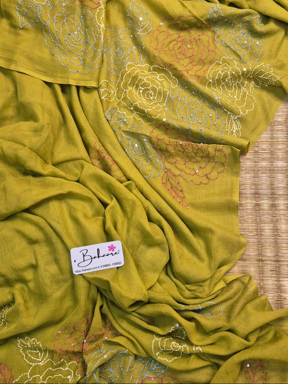 Mohini | Moss Green Mul Mul Cotton Saree with Kantha Hand Embroidery