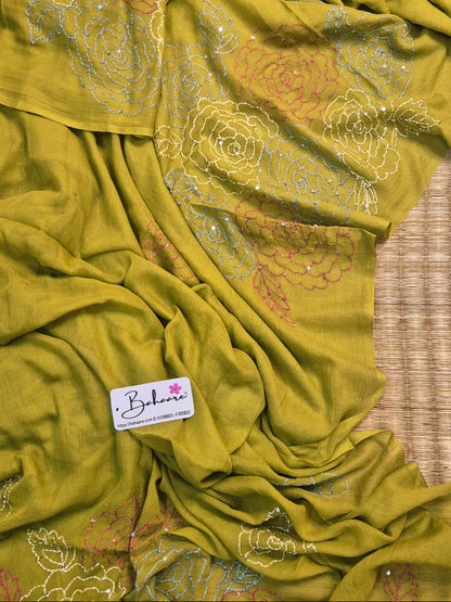Mohini | Moss Green Mul Mul Cotton Saree with Kantha Hand Embroidery