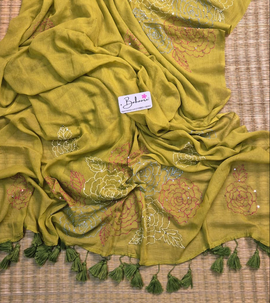Mohini | Moss Green Mul Mul Cotton Saree with Kantha Hand Embroidery