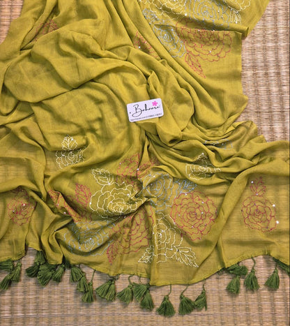Mohini | Moss Green Mul Mul Cotton Saree with Kantha Hand Embroidery
