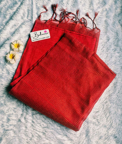 Suhani | Coral Red Tissue Saree with Zari Line Pallu