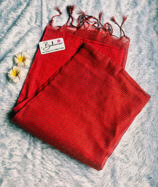 Suhani | Coral Red Tissue Saree with Zari Line Pallu