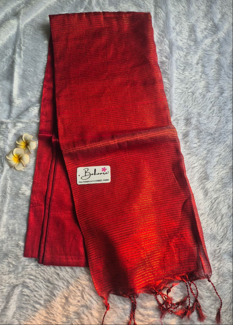 Suhani | Coral Red Tissue Saree with Zari Line Pallu