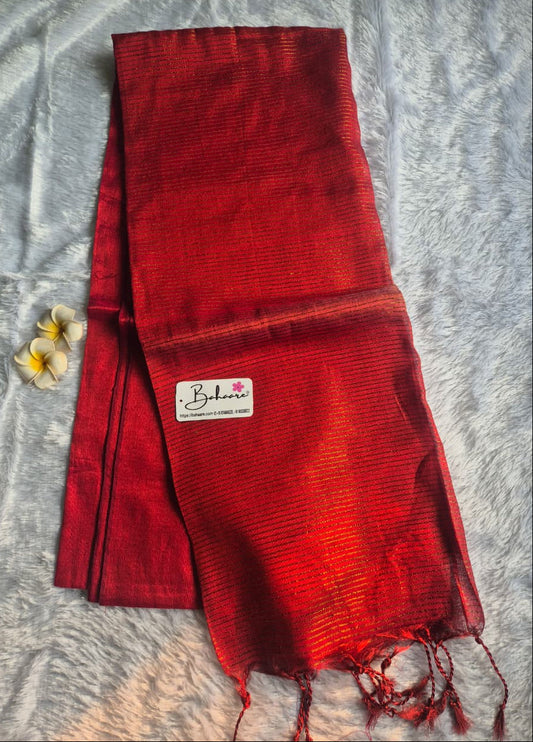 Suhani | Coral Red Tissue Saree with Zari Line Pallu