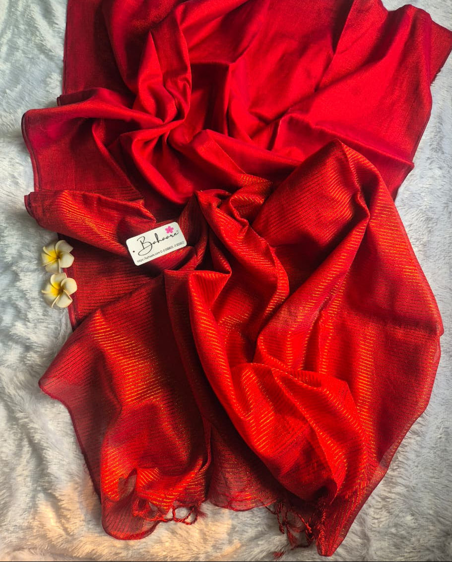 Suhani | Coral Red Tissue Saree with Zari Line Pallu