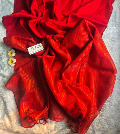 Suhani | Coral Red Tissue Saree with Zari Line Pallu