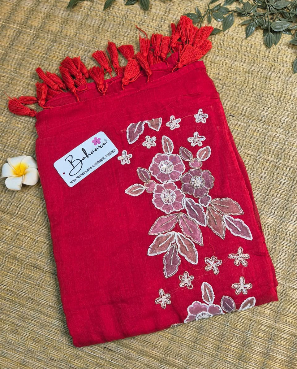Mohini | Laal Sindoori Red Mul Mul Cotton Saree with Handcrafted Moti Work on Front Top Part
