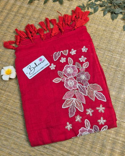 Mohini | Laal Sindoori Red Mul Mul Cotton Saree with Handcrafted Moti Work on Front Top Part