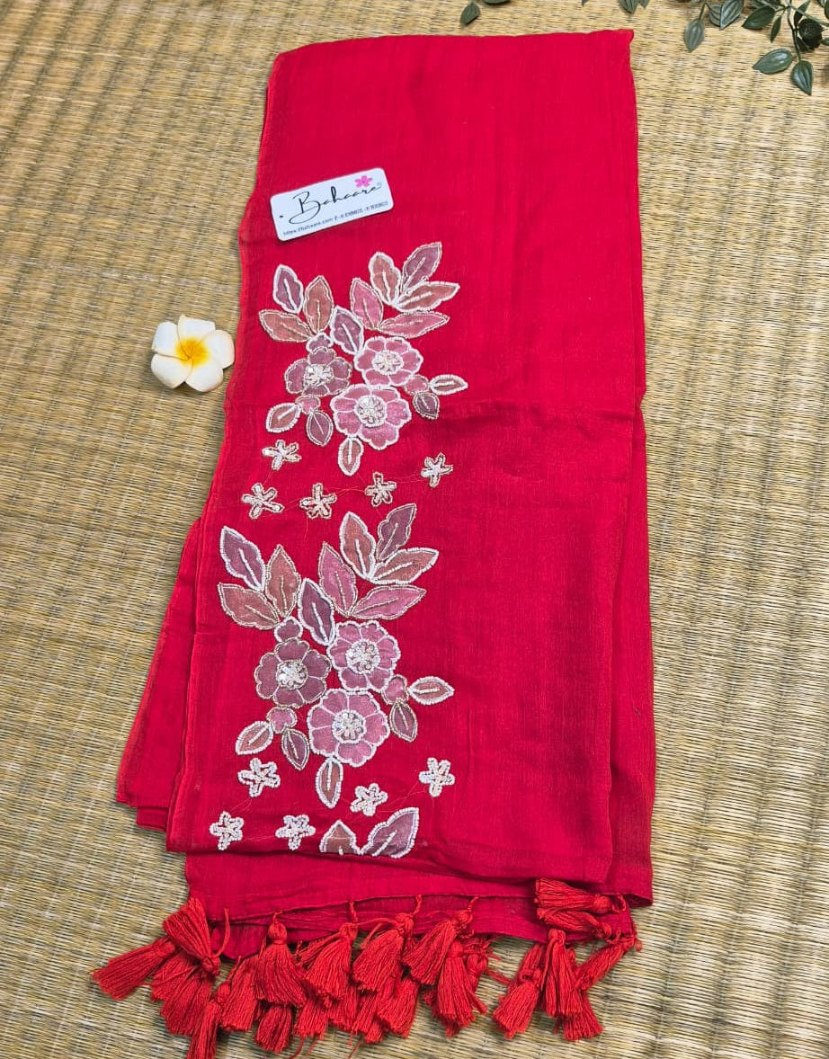 Mohini | Laal Sindoori Red Mul Mul Cotton Saree with Handcrafted Moti Work on Front Top Part