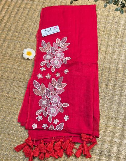 Mohini | Laal Sindoori Red Mul Mul Cotton Saree with Handcrafted Moti Work on Front Top Part