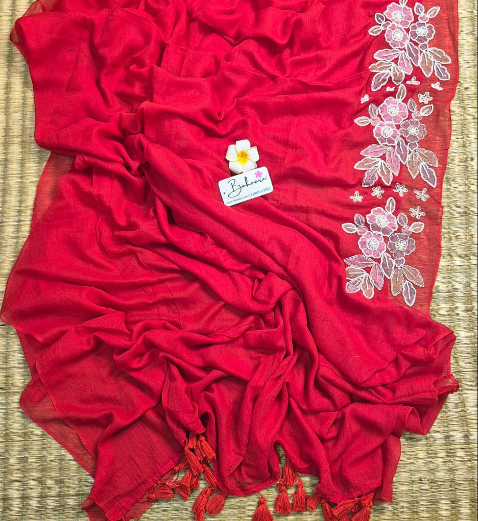 Mohini | Laal Sindoori Red Mul Mul Cotton Saree with Handcrafted Moti Work on Front Top Part