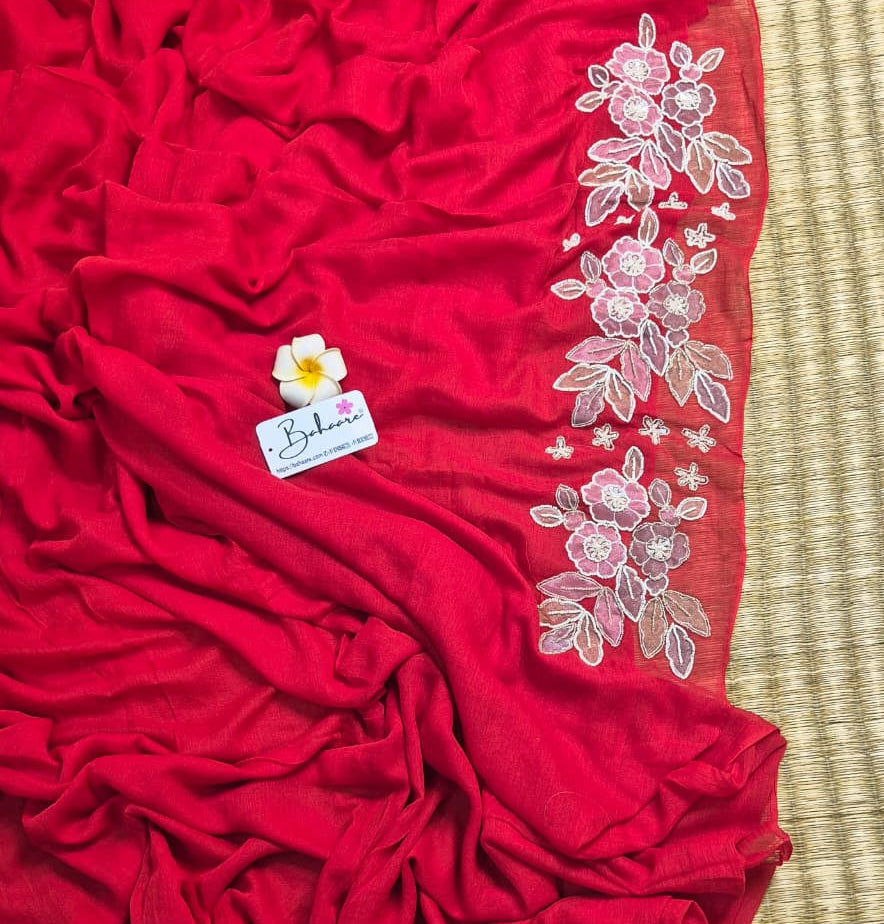 Mohini | Laal Sindoori Red Mul Mul Cotton Saree with Handcrafted Moti Work on Front Top Part