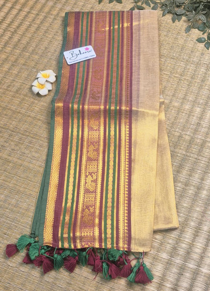 Megha | White Gold Tissue Saree with Kanchi Border