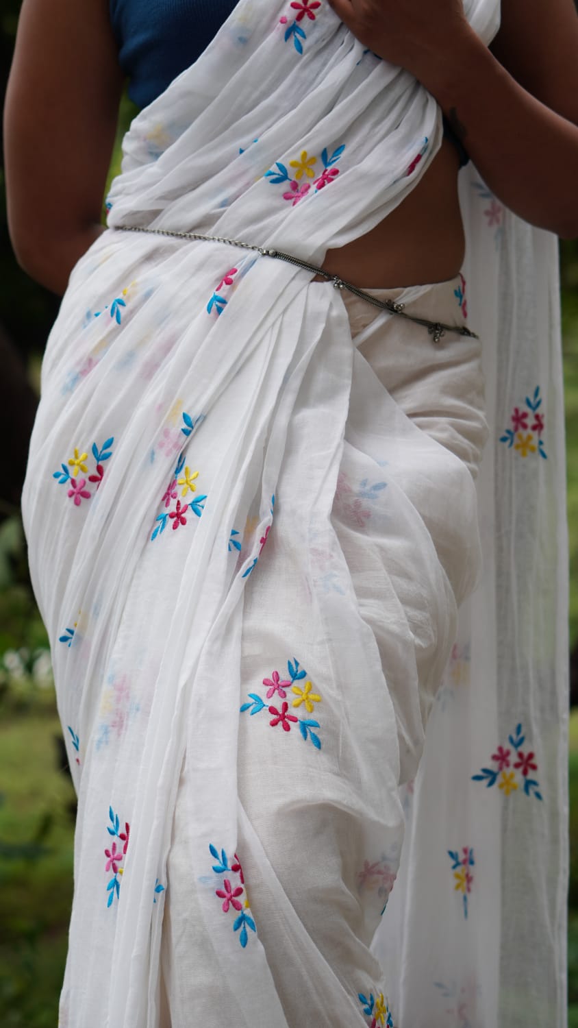 Mohini | White Mul Mul Cotton Saree with Floral Motif