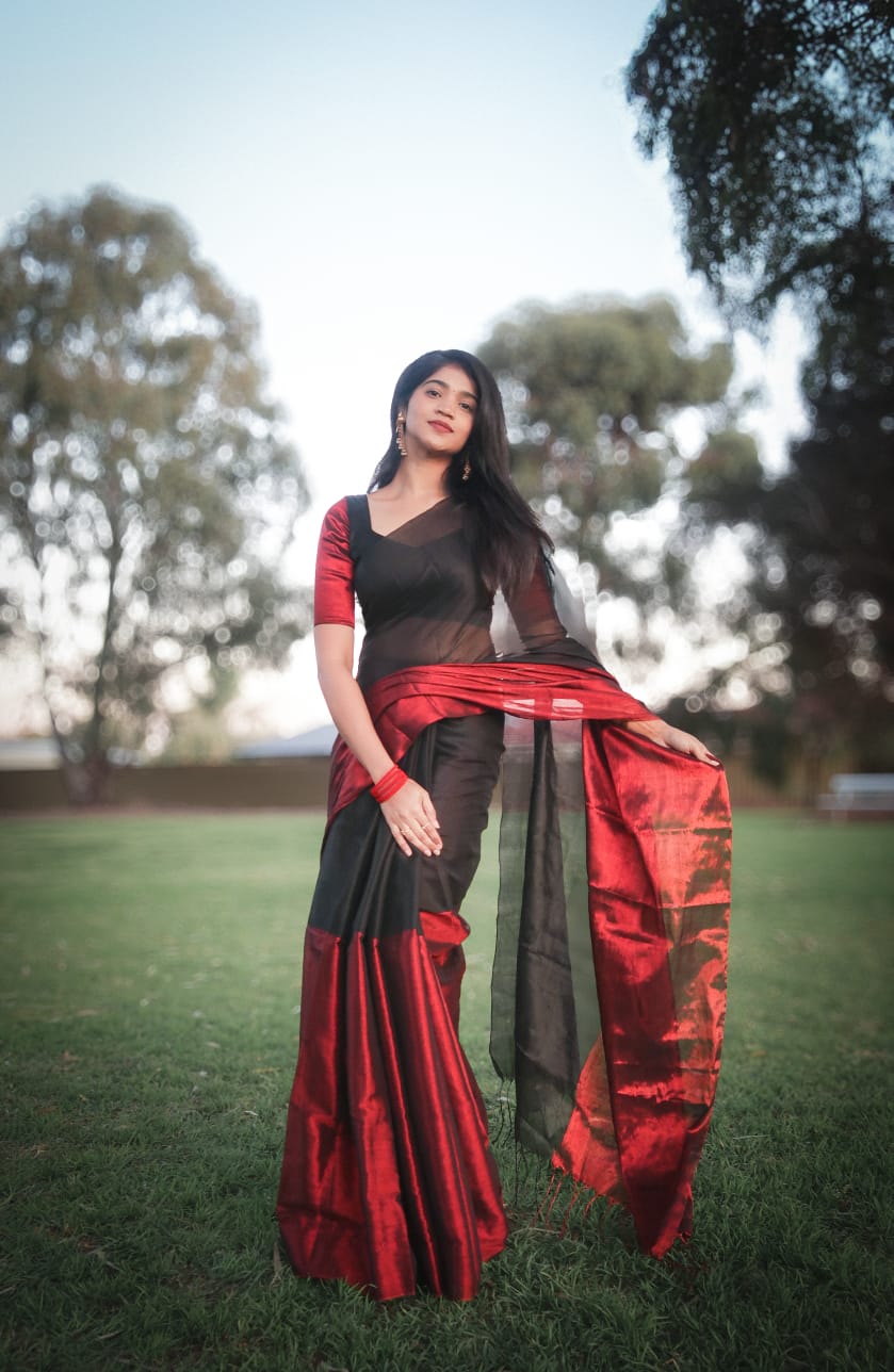 Jashn | Maroon and Black Tissue Saree