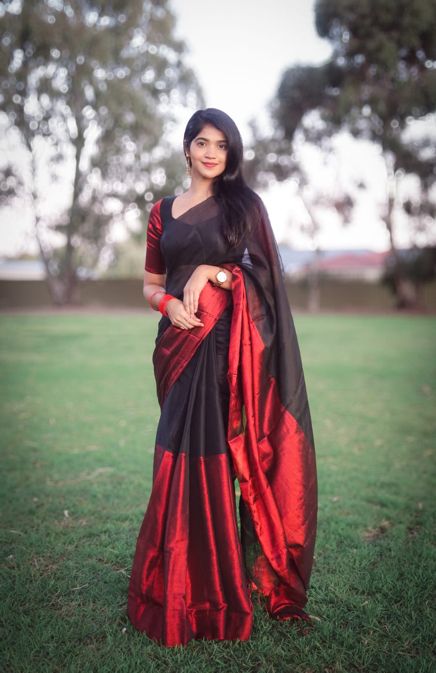 Jashn | Maroon and Black Tissue Saree