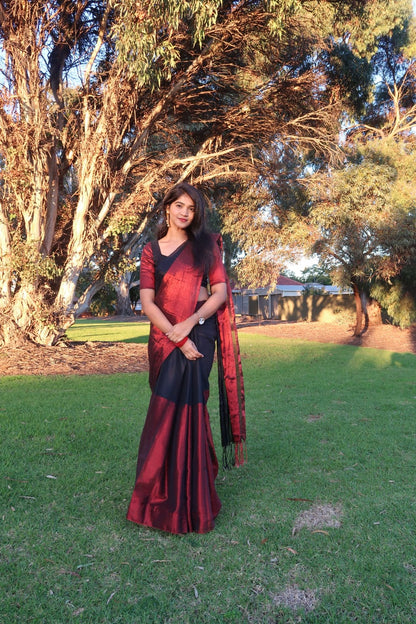 Jashn | Maroon and Black Tissue Saree