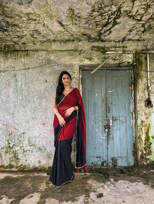 Shimmering Starlight | Maroon and Black Sequin Mul Mul Cotton Saree