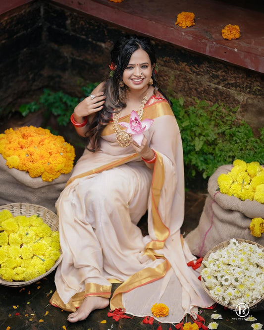 Mohini | Beige Mul Mul Cotton Saree with Golden Tissue Border