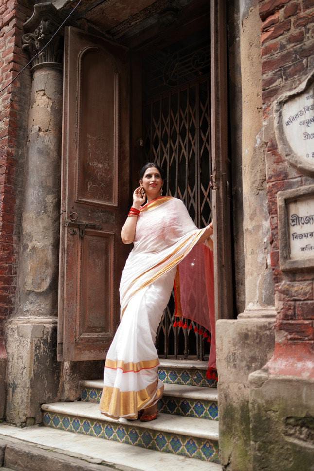 Mohini | White Red Mul Mul Cotton Saree with Golden Zari Border