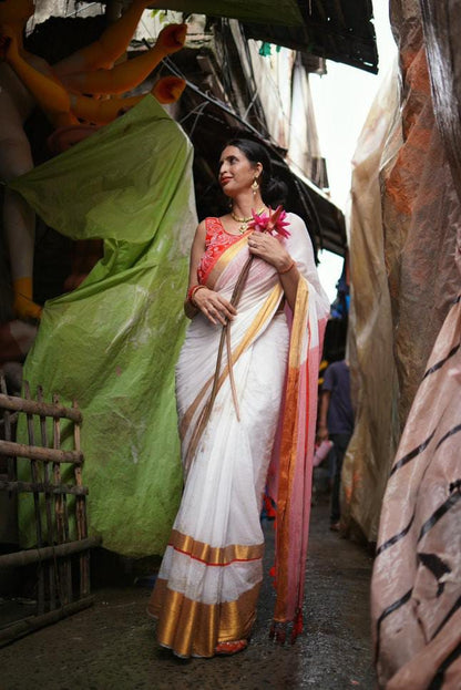 Mohini | White Red Mul Mul Cotton Saree with Golden Zari Border