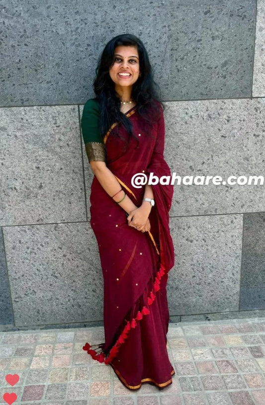 Shimmering Starlight | Dark Red Mul Mul Cotton Saree