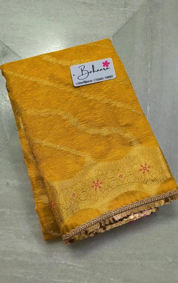 Lace Symphony | Yellow Orange Hue Crushed Tissue Saree