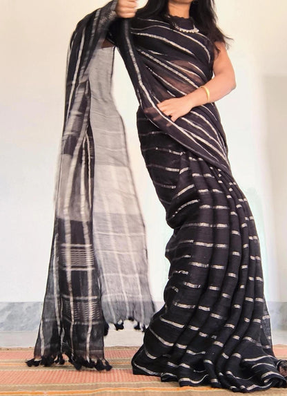 Woodland Whispers | Charcoal Black Linen Saree with Silver Zari Horizontal Stripe