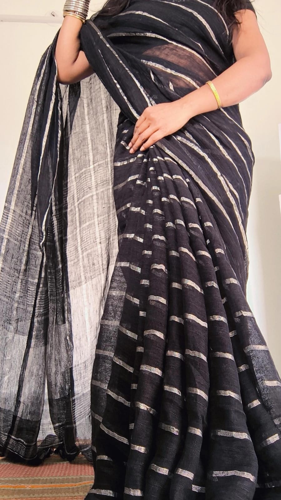 Woodland Whispers | Charcoal Black Linen Saree with Silver Zari Horizontal Stripe