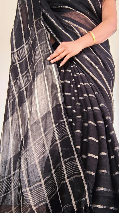 Woodland Whispers | Charcoal Black Linen Saree with Silver Zari Horizontal Stripe