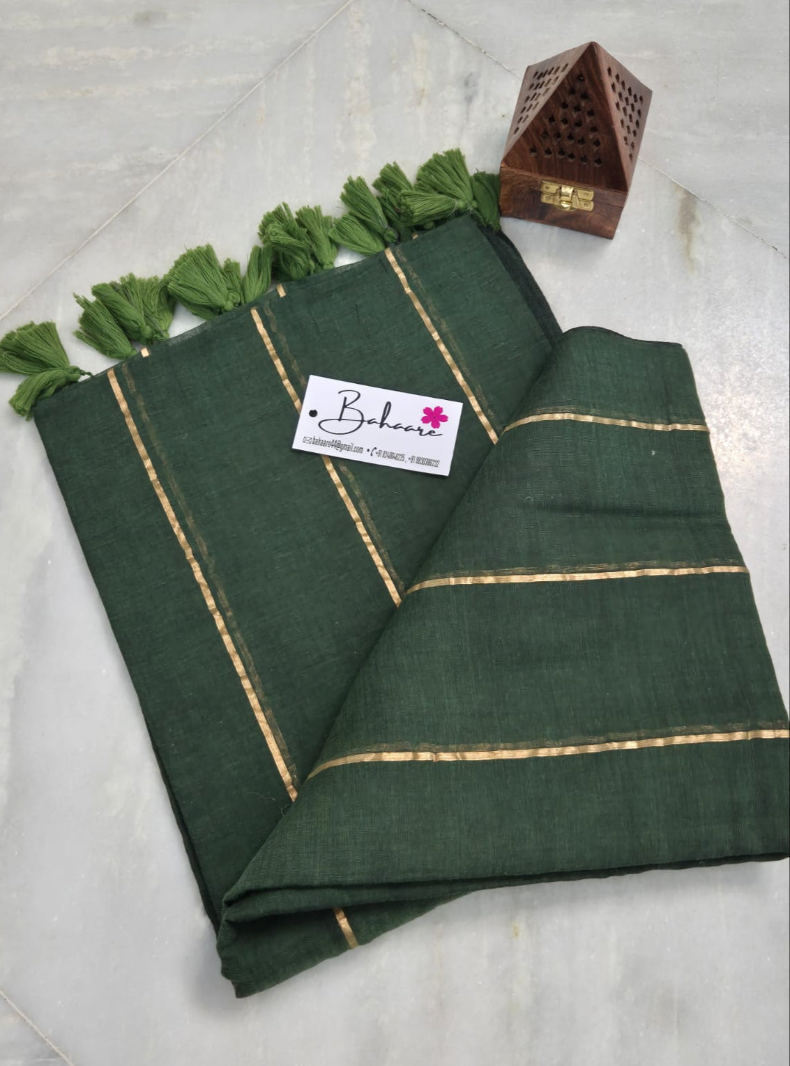 Mohini | Dark Green Mul Mul Cotton Saree with Horizontal Line