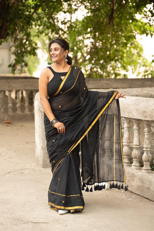 Shimmering Starlight | Dark Black Mul Mul Cotton Saree