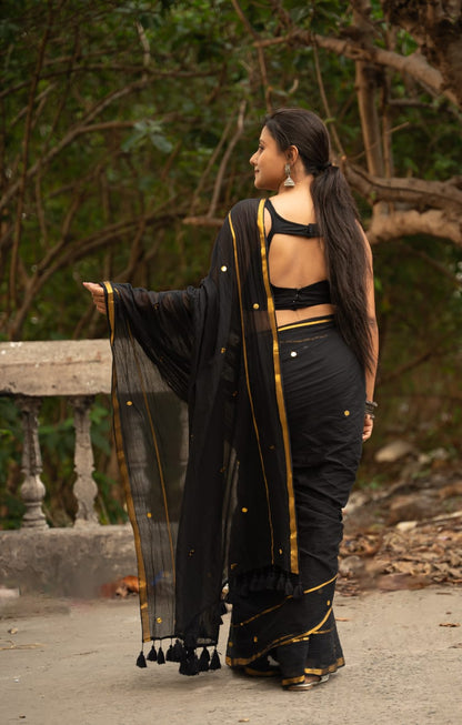 Shimmering Starlight | Dark Black Mul Mul Cotton Saree