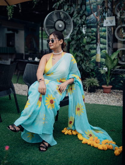 Exotic Sunflower | Turquoise Blue Mul Mul Cotton Saree