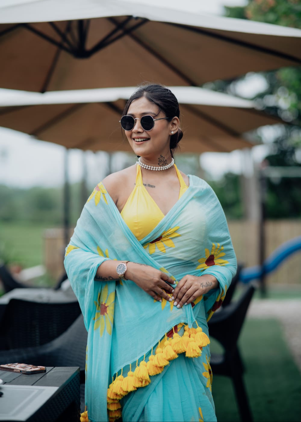 Exotic Sunflower | Turquoise Blue Mul Mul Cotton Saree