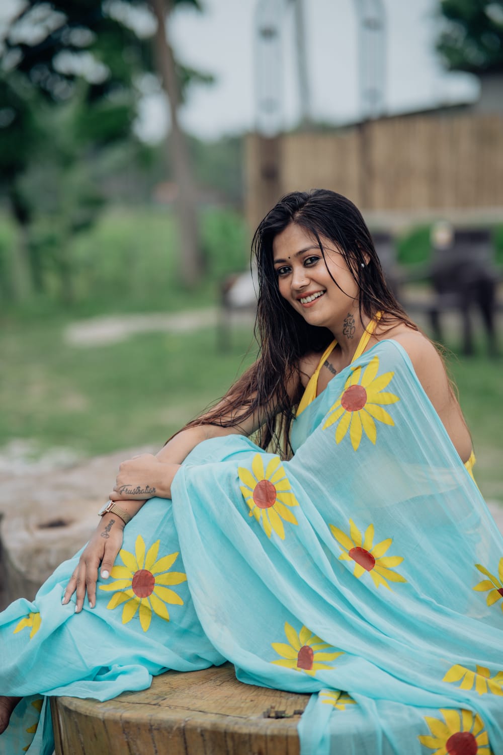 Exotic Sunflower | Turquoise Blue Mul Mul Cotton Saree