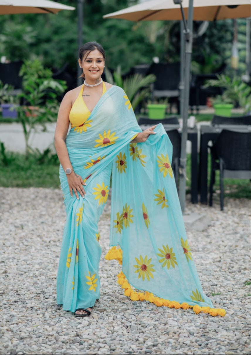 Exotic Sunflower | Turquoise Blue Mul Mul Cotton Saree