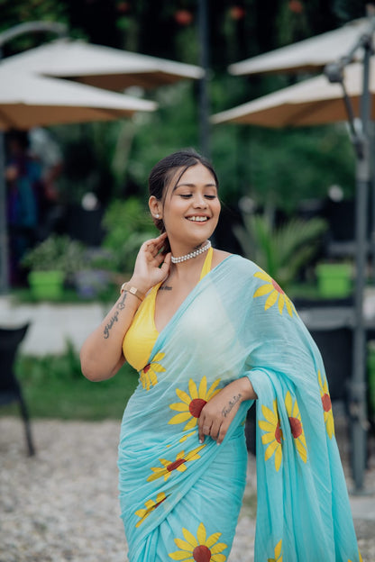 Exotic Sunflower | Turquoise Blue Mul Mul Cotton Saree