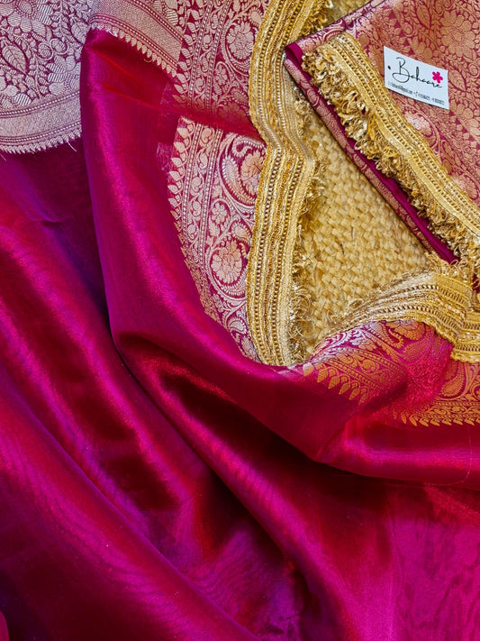 Utsav | Rani Pink Tissue Organza Silk Saree with Zari Lace