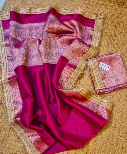 Utsav | Rani Pink Tissue Organza Silk Saree with Zari Lace