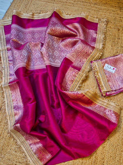 Utsav | Rani Pink Tissue Organza Silk Saree with Zari Lace