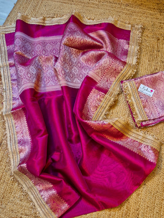 Utsav | Rani Pink Tissue Organza Silk Saree with Zari Lace