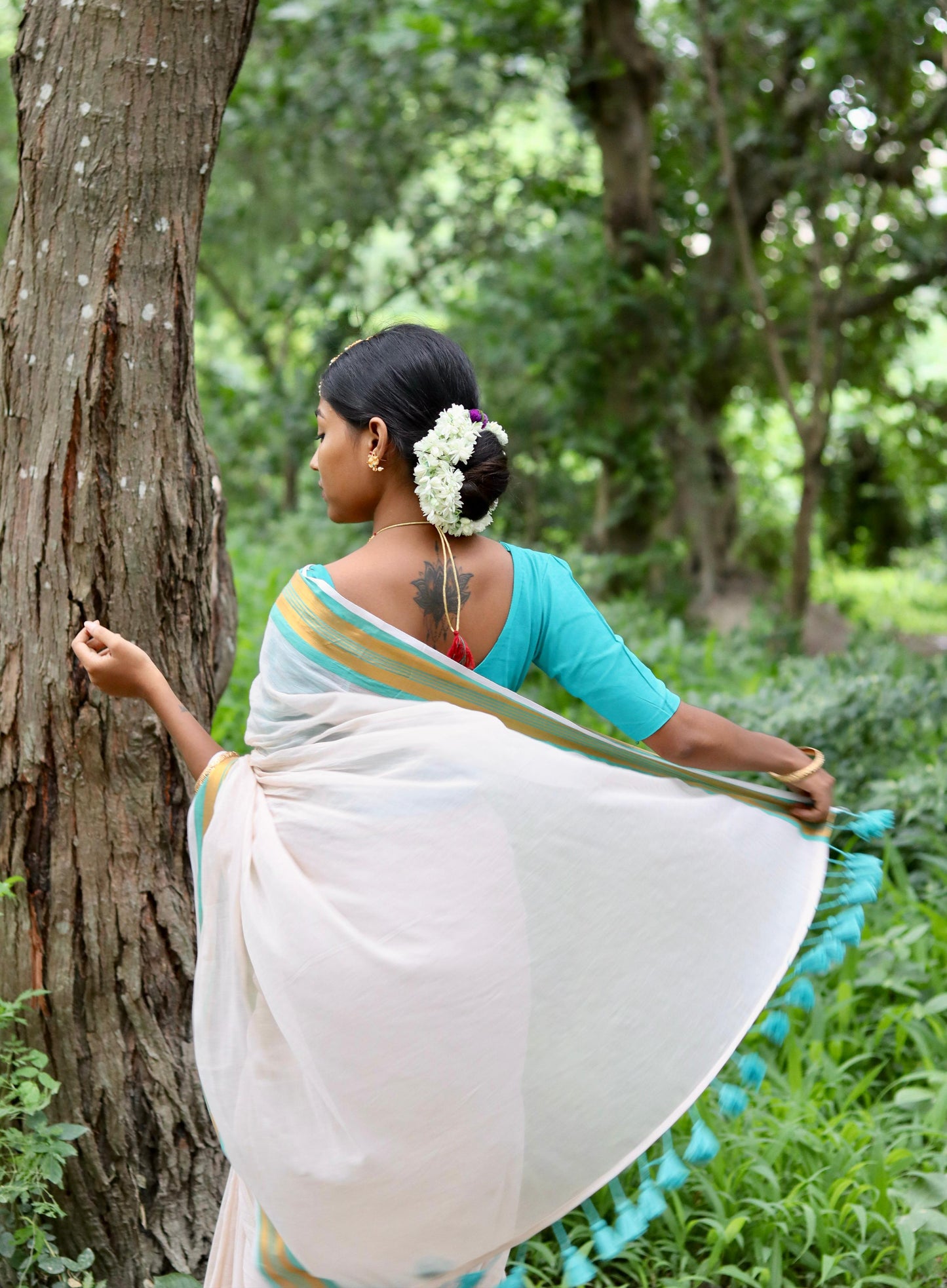 Noor | Almond White Mul Mul Cotton Saree with Golden Zari Border