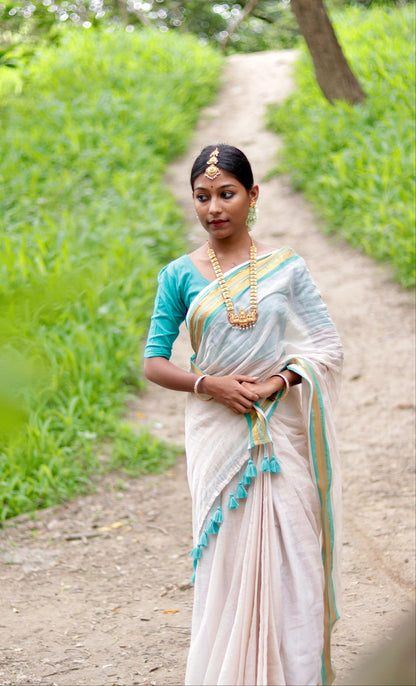 Noor | Almond White Mul Mul Cotton Saree with Golden Zari Border